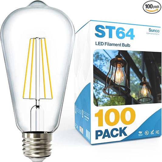 Sunco 100 Pack Edison Bulbs LED ST64, Clear Vintage Filament Waterproof Bulb, 800 LM, 8W (60W Equivalent), ST19, 6000K Daylight Deluxe, E26 Medium Base, Decorative Dimmable UL