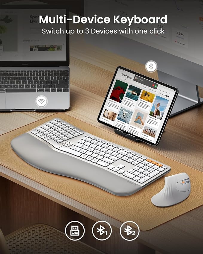 ProtoArc Backlit Bluetooth Ergonomic Keyboard, EK01 Plus Full Size Wireless Split Keyboard with Dual Bluetooth and USB, Cushioned Wrist Rest, Rechargeable, for Windows/Mac/Android, White and Silver