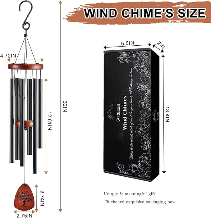 Wind Chimes for Outside, 32" Memorial Wind Chimes for Loss of Loved One Mother Father, Memorial Sympathy Gift Outdoor Garden Patio Decor, Bereavement Gift for Loss of Mom Dad (Classic Black)