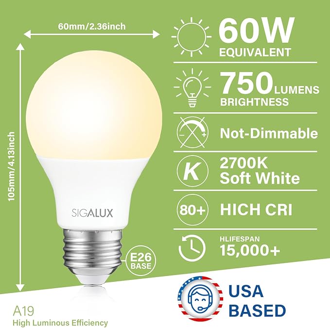 Sigalux EnergyPro, High-Efficiency LED Light Bulbs 60 Watt Equivalent A19 Standard Base, Non-Dimmable Efficient 5W, 2700K Soft White Bulb E26,750 Lumens,10,000 Hour Lifetime,16 Packs