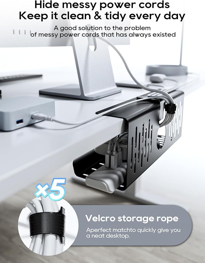 NODOCA No Drill Under Desk Cable Management Tray, 14'' Wire Management, Punch-Free Clamp on, Metal Cable Tray, Wire Organizer Under Desk, Under Desk Basket for Office and Home, Black(2 Packs)