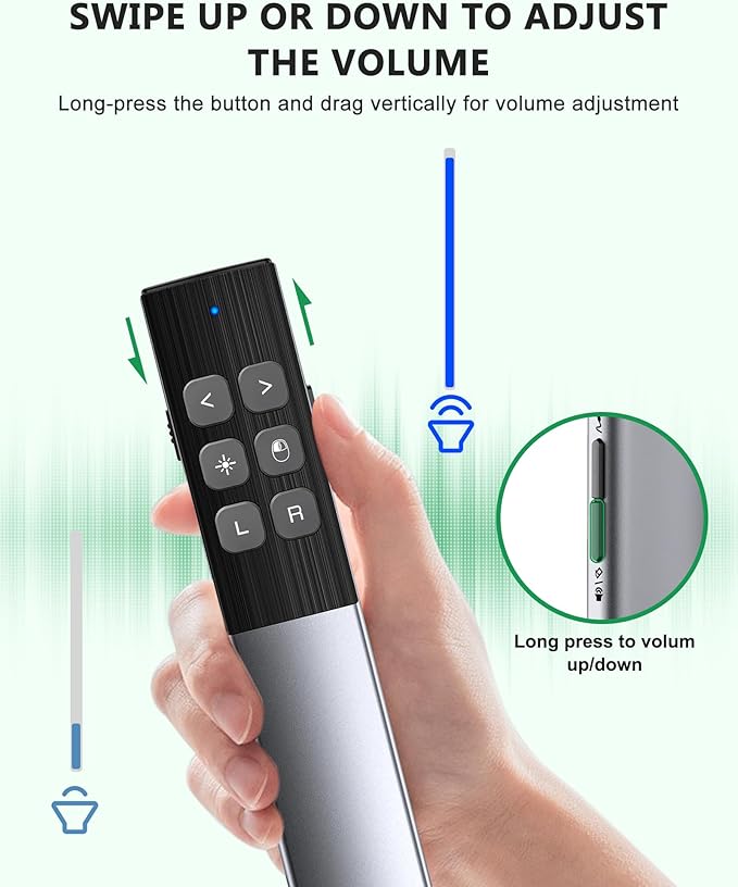 Wireless Rechargeable Presentation Clicker- Presentation Remote with Air Mouse Control, Gyro Volume Adjustment & Ink Annotation- Clicker for PowerPoint, Keynote on Mac, PC, Laptop