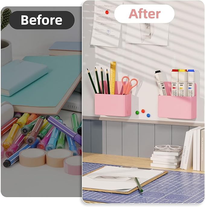 Mabrasse 2p Magnetic Dry Erase Marker Holder,Pen and Eraser Holder for Whiteboard, Magnet Pencil Cup Utility Storage Organizer for Office, Refrigerator, Locker and Metal Cabinets（Pink）