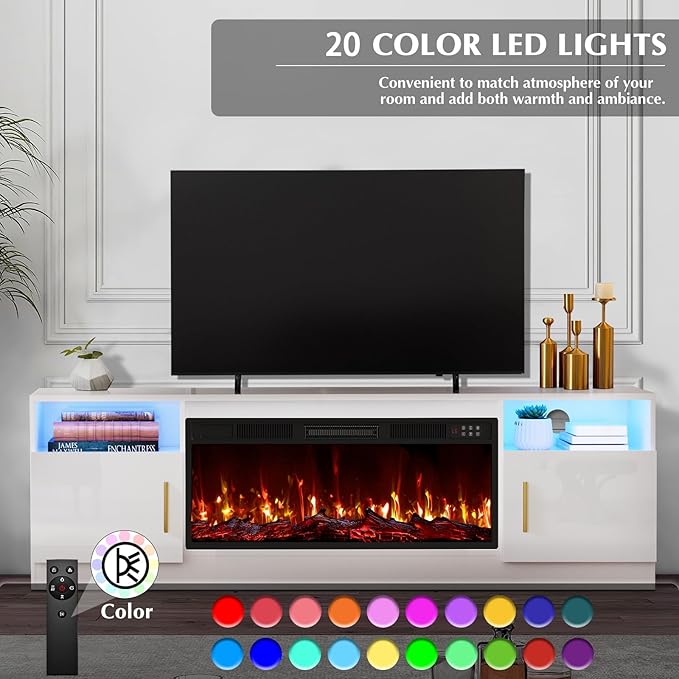 Lemberi Fireplace tv Stand with 36 inch Fireplace Up to 80" TVs,LED Light Entertainment Center and Storage, 70" Modern Wood Media TV Console with Highlight Cabinet for Living Room (White)