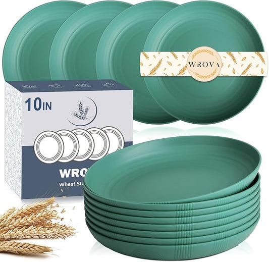 Wheat Straw Plates - 10 Inch Unbreakable Dinner Plates Set of 8 - Dishwasher & Microwave Safe Plastic Plates Reusable for Indoors and Outdoors (Green)