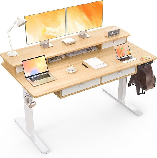 55 * 30 Inches Electric Standing Widened Desk Adjustable Height with 4 Drawers, Double Storage Shelves, Home Office Workstation Sit Stand up Desk (Nature)