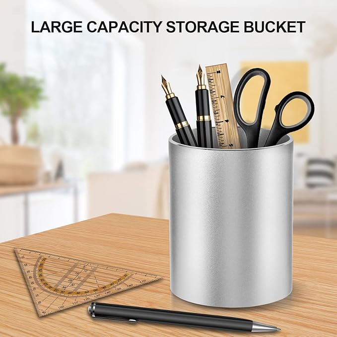 Pen Holder Pencil Holder for Desk, Metal desk pen holder, Makeup Brush Holder, pencil cup, pen organizer for desk, for Office, School, Home, and Kids 3.9×3.14inch（Silver）