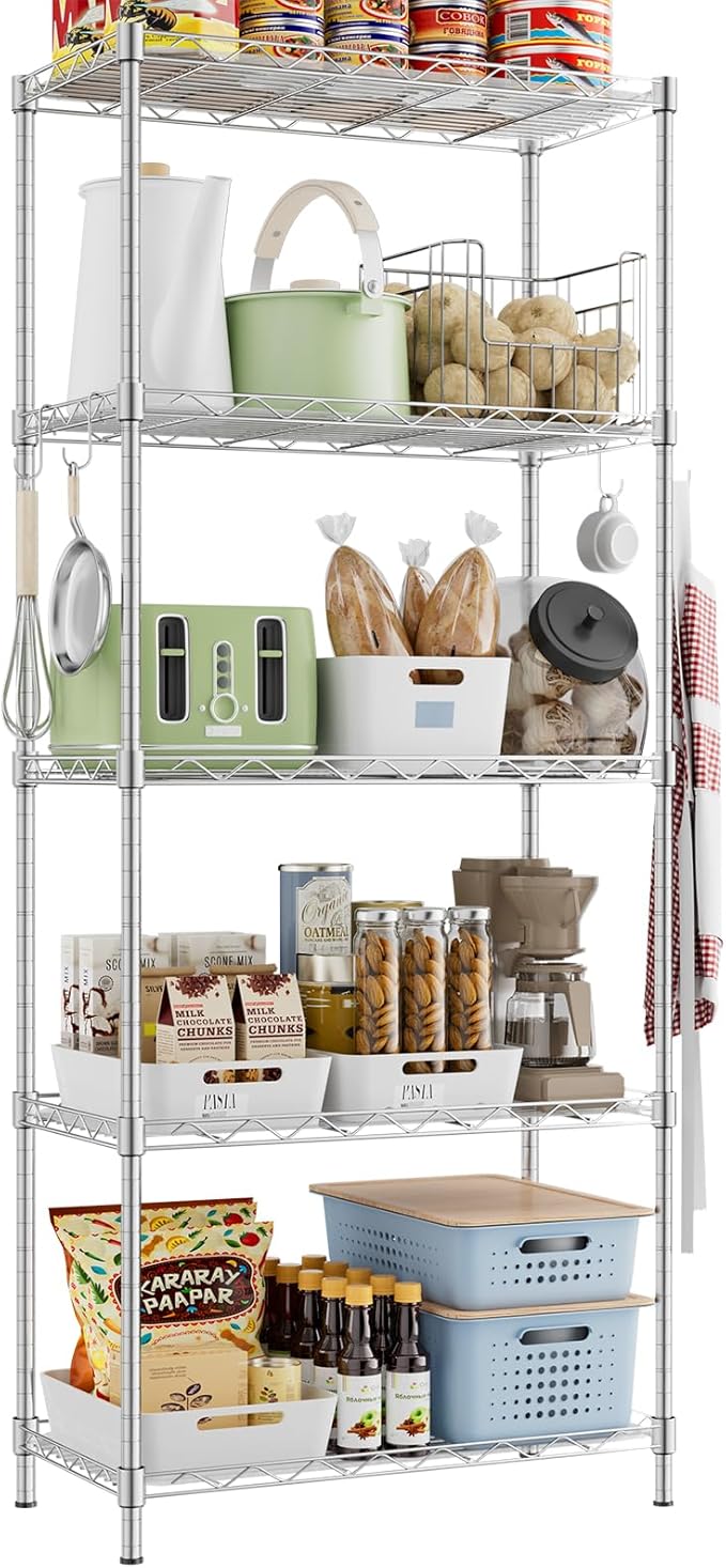 Storage Shelves,21.3" W x 11.8" D x 58.5" H Wire Shelving Unit Loads 550LBS,5-tier Adjustable Metal Utility Shelf,Garage Shelves with Liner and Hooks,Home Storage Rack for Kitchen,Laundry,Pantry