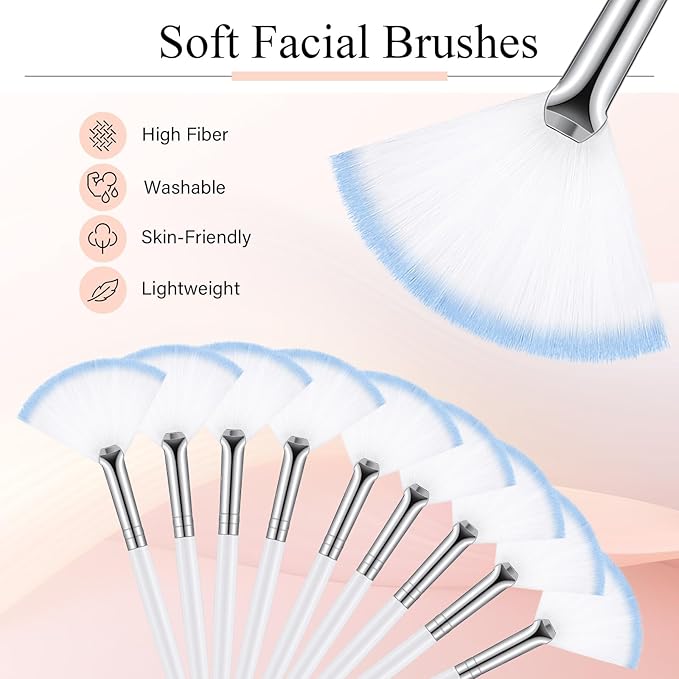 9 Pieces Facial Fan Mask Brushes, Soft Facial Applicator Brushes Tools for Peel Glycolic Makeup for Mud Cream(White Blue)
