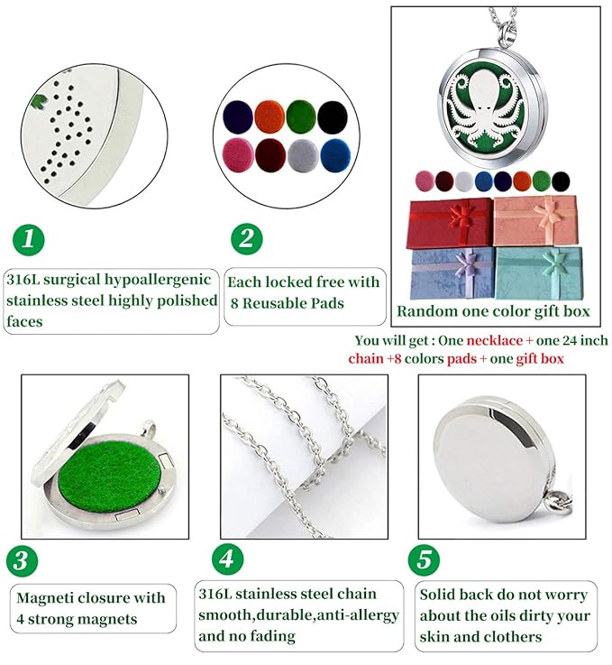 Essential Oil Diffuser Necklace Stainless Steel Aromatherapy Octopus Animal Locket Pendant with 24" Chain & 8 Pads - Birthday Christmas Perfume Jewelry Gift for Women Men