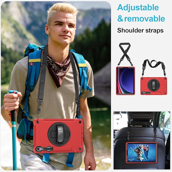 Case for Galaxy Tab S10 FE &S9 FE 10.9"/S9 11 Inch: TPU Cover for Samstng Tablet S10 FE/ 2025/ S9 FE & S9 2023 5G with Screen Protector- Stand- Handle-Shoulder Strap-S-Pen Holder-Red