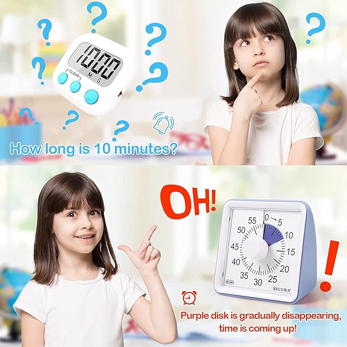 Secura 60-Minute Visual Timer, Classroom Timer, Countdown Timer for Kids and Adults, Time Management Tool for Teaching (Purple & Purple)