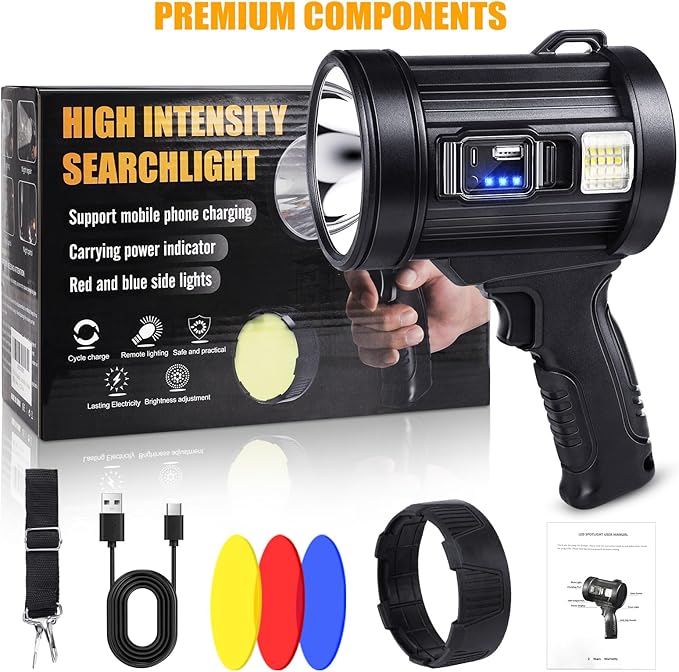 Rechargeable Spotlight, 99000 Lumens Bright LED Spotlight Flashlight, Long Running Spot Light Searchlight, Outdoor Handheld Spotlights with Solar Panels for Hunting,Camping,Boat,6 Spotlight Modes