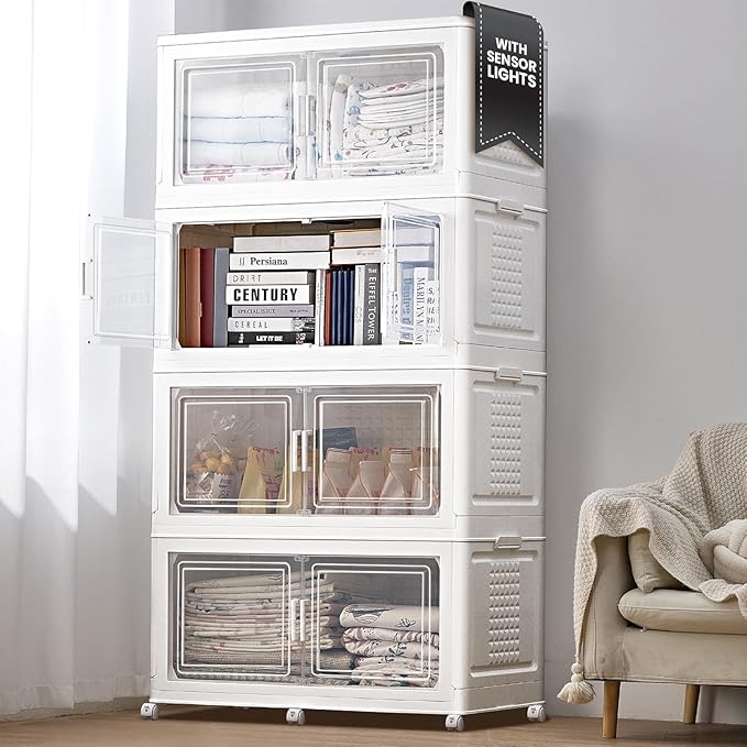 752QT/188Gal 4 Stackable Storage Bins with Lid and 8 doors, Motion Sensor Lights in Cabinets, Large Collapsible Container Box with 6 Wheels, Plastic Foldable Organizer for Home - Pure White