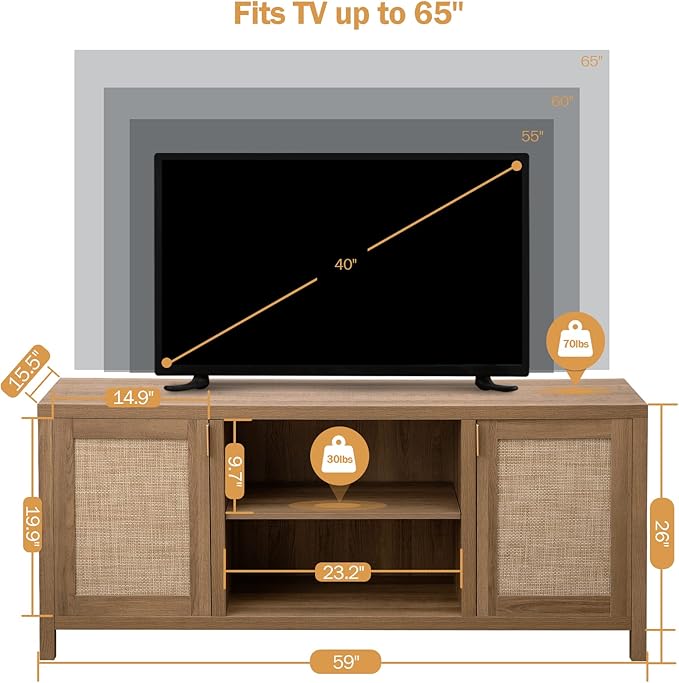 SICOTAS TV Stands for Living Room : Rattan TV Console Cabinet with Storage and Shelf, Boho Entertainment Center, 59" Media Console for 55, 65 Inch TV, 26" Tall Television Stands, Oak