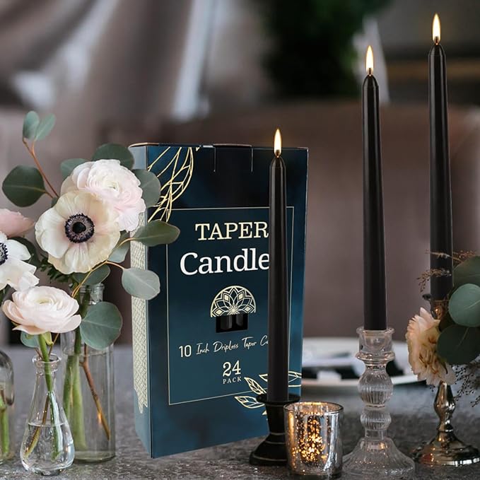 24 Pack Black Taper Candles, 7-8 Hours Burn Time, Unscented, Smokeless and Dripless, 10 Inch Dinner Candle Set for Household, Wedding, Party and Home Décor Candlesticks.