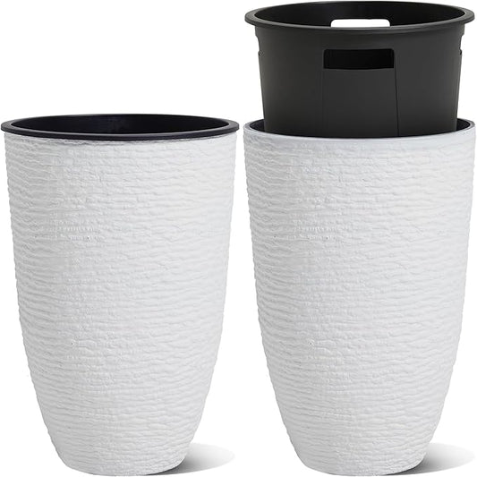 WORTH Garden 2-Pack 21" H. White Tall Planters with Inside Pots - 14'' Dia Plastic Large Round Plant Tree Pots - Decorative Imitation Stone Finish for Indoor Outdoor Front Porch Container Patio