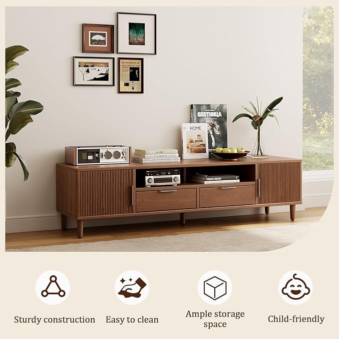 Mid-Century Modern TV Stand Fits TVs up to 65,Fluted TV Consoles Storage Doors and Cable Management,Entertainment Center tv Stands, for Living Room, Bedroom, Dining Room