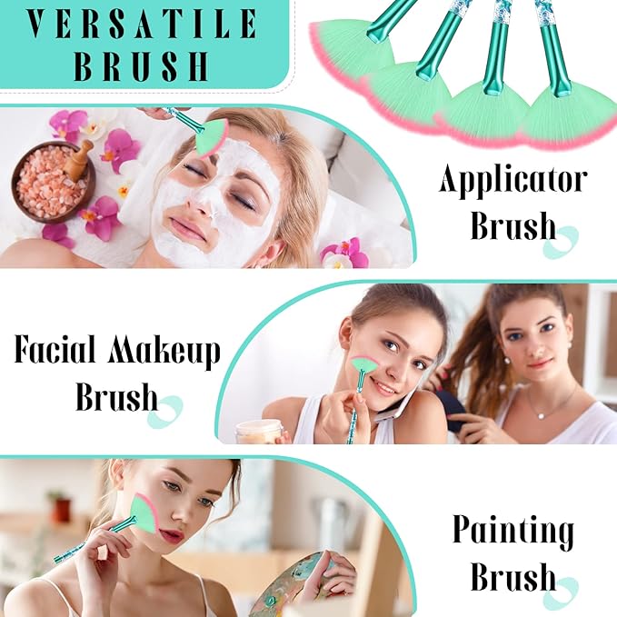 12 Pcs Fan Brushes for Facial Mask & Peel Applicator - Soft Cosmetic Facial Brushes with Glitter Quicksand Handle - Face Mask Tools with Pouch (Green)