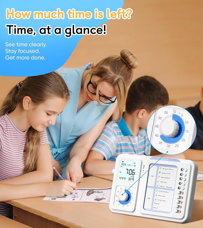 3-in-1 Visual Timer & ADHD Tool for Kids|Adults, Task Timer with Chore Chart Board, Visual Schedule for Kids with Autism, Daily Checklist for Home, School, Classroom, Desk (White)