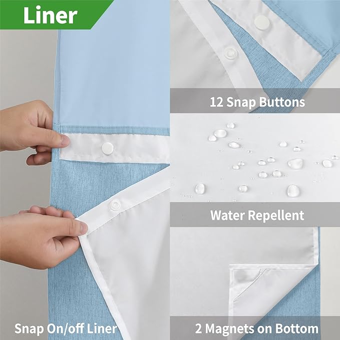 No Hooks Needed Linen Textured Shower Curtain with Snap-in Fabric Liner Set,Hotel Luxury Decor Waterproof Shower Curtains for Bathroom with Mesh Top Window,Washable,71Wx74H,Fog Blue