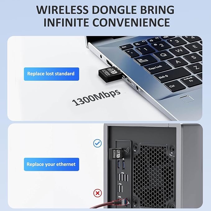Wodgreat 1300Mbps USB WiFi Adapter for PC-Tiny Size Wireless Network Adapter for Desktop with Dual Band 2.4GHz, 5GHz, MU-MIMO, WiFi Dongle Supports Win11/10/8.1/8/7/XP, Mac OS 10.9-10.15