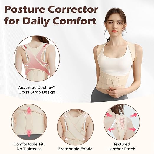 Posture Corrector for Women & Men, Full Back Brace Support with Adjustable Shoulder Straightener, Lower & Upper Back Pain Relief - Scoliosis, Hunchback, Spine Corrector (Beige, Large)