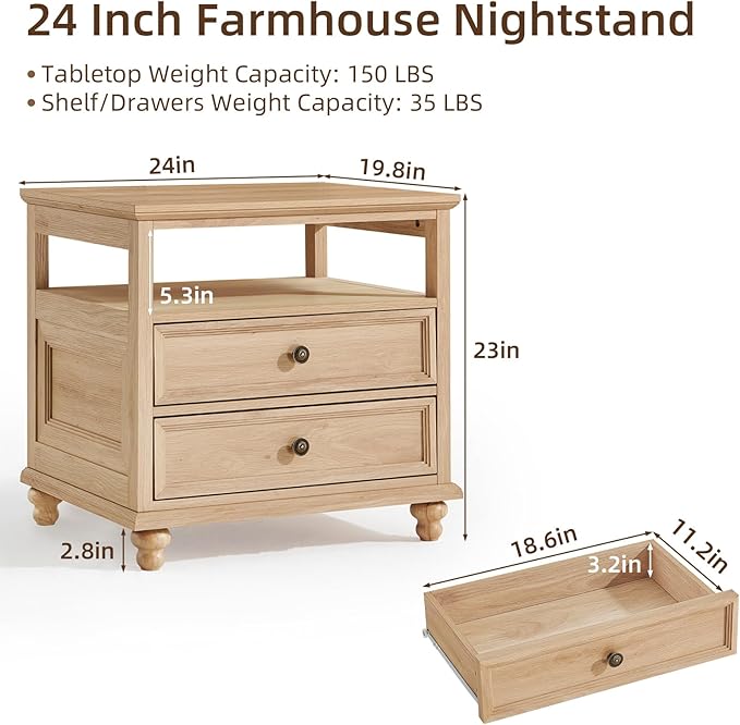 24" Wide Farmhouse Night Stand,Large End Table with 2 Drawers & Metal Handle,Wood Dresser for Bedroom, Natural Bed Side Table Chest of Drawers Cabinet,Nightstand for Living Room,Closet