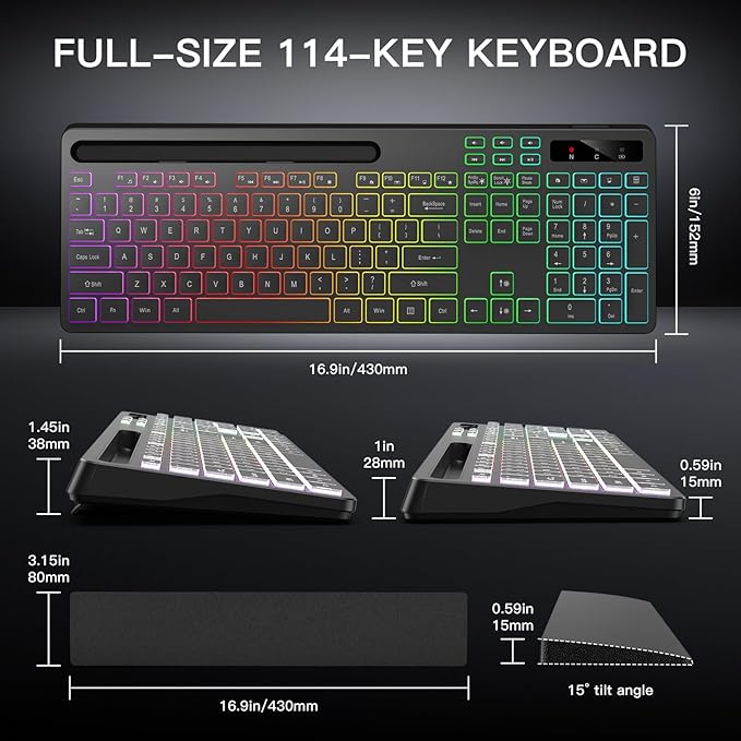 Wireless Keyboard with 7 Colors & 4 Modes RGB Backlit, Ergonomic Keyboard with Wrist Rest, Phone Tablet Holder, 2.4G Light Up Computer Keyboard with Numeric Keypad for Mac, Windows