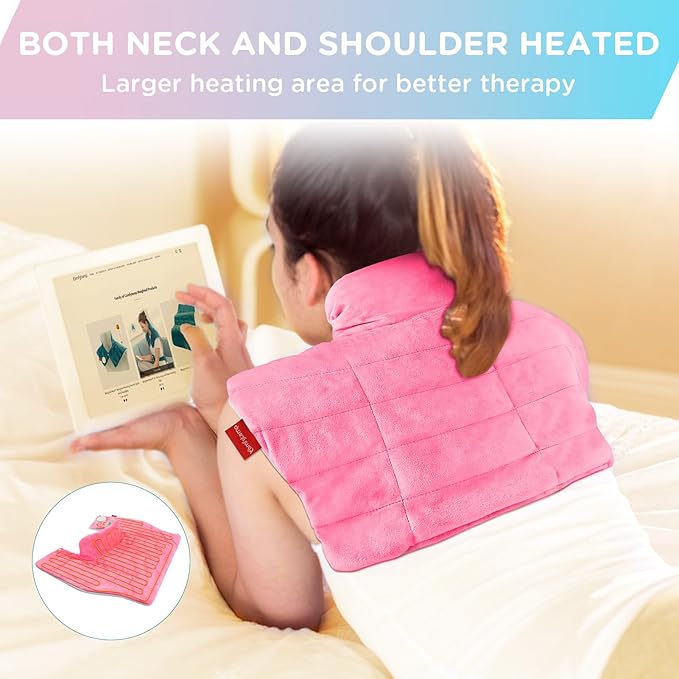 Comfytemp Heating Pad for Neck and Shoulders and Back, Weighted Electric Heat Pad for Pain Relief, 2.6lb Large Heated Wrap, 9 Heat Levels, 11 Auto-Off, Gifts for Women Mom Wife, Pink