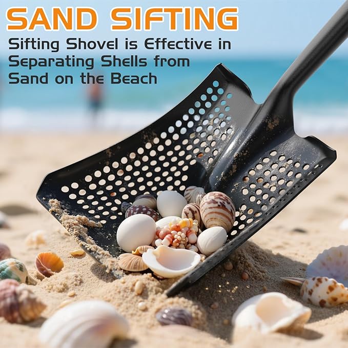 HIGHLIGHT Sifting Shovel, Heavy Duty Metal Sand Sifter for Beach, 45" Long Sifter Shovel for Beach Fun, Chicken Coop, Farm Goat Stall Sand Poop Cleaning, with Ergonomic D-Grip Handle