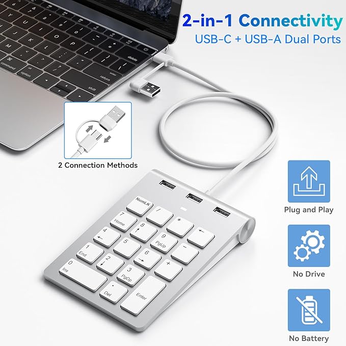 Wired Numeric Keypad USB-C & USB-A - 18 Keys Number Pad with 3 USB 2.0 Port, 15° Ergonomic Numeric Pad for Laptop/ Desktop/ Surface/ iPad, USB Number Keypad for Windows/macOS/Chrome OS, Plug & Play