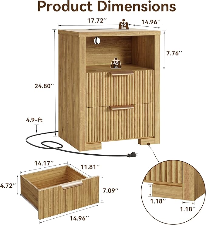 Fluted Nightstand Set of 2 with Charging Station, Night Stand with 2 Drawers, End Table with Storage, Bed Side Table for Bedroom, Modern Nightstand for Living Room, Natural