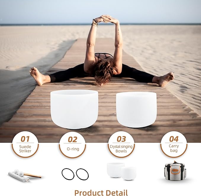 Ryan Dvan Crystal Singing Bowl Set of 2 7" F Note, 8" A Note with Case Suede Striker & O-Ring Sound Therapy for Yoga, Reiki, Chakra Healing Energy Tuning & Mindfulness Kit