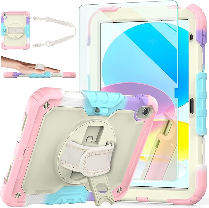 Ambison Case for iPad A16 11th/10th Generation 11"/10.9'' 2025/2022,Heavy Duty Shockproof Case with Tempered Glass Screen Protector, 360° Rotating Handle Strap&Stand,Shoulder Strap-Pink