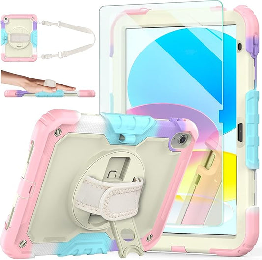 Ambison Case for iPad A16 11th/10th Generation 11"/10.9'' 2025/2022,Heavy Duty Shockproof Case with Tempered Glass Screen Protector, 360° Rotating Handle Strap&Stand,Shoulder Strap-Pink