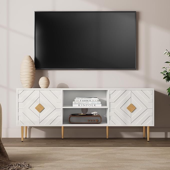 HLR 63'' White TV Stand for 65/70/75 inch TV, Entertainment Center with Storage Cabinets and Embossed Pattern Doors, Mid Century Modern Media TV Console Table for Living Room Bedroom