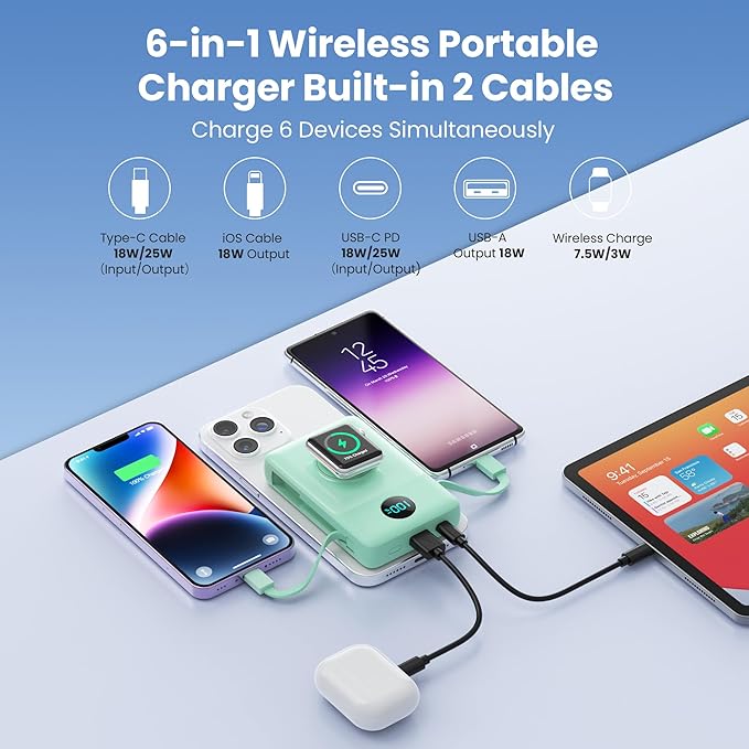 Magnetic Portable Charger 10800mAh for iPhone with Built-in Cables, 6-in-1 Wireless Power Bank with iWatch Charger, 25W PD Fast Charging USB C Battery Pack for iPhone 16/15/14/13/12,Apple Watch(Green)