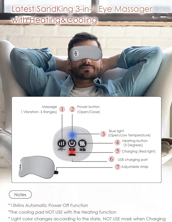 Wireless Heated Eye Massager with Cooling Eye Pad, Vibrating Heating Sleeping Mask for Men Women Kids -USB Charing Heated Eye Mask Electric for Dry Eyes, Relax,Travel