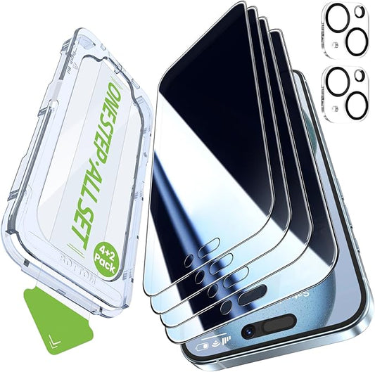 iGluz 4+2 Pack for iPhone 15 Privacy Screen Protector with Camera Lens Protector 6.1 inch,9H+Tempered Glass[12FT Military Grade Shatterproof &100% Anti-Spy],3D Micro-Curved Edges[Longest Durable]