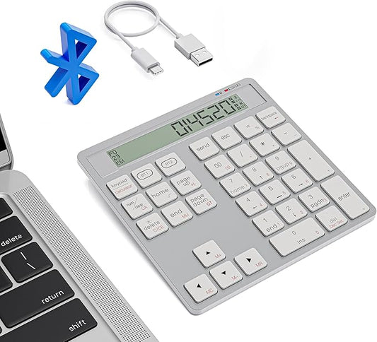 Rechargeable Wireless Number Pad for Laptop - 2-in-1 Dual Bluetooth & Wired Numeric Keypad with Calculator Display, 34 Keys Slim Portable Numpad for PC, MacBook, Tablet - Fast Data Entry & Accounting