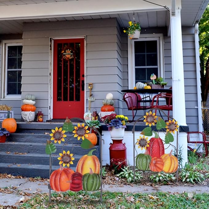 hogardeck Fall Decorations for Home Outdoor, Set of 2 Metal Fence Decorative Garden Stakes with Pumpkin Sunflower for for Fall Decor, Metal Yard Signs for Garden Lawn Patio Thanksgiving Decorations