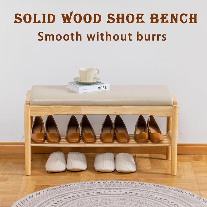 latifolia Small Shoe Bench, Solid Wood Bench with Cushion, 2 Tier Shoe Storage Organizer for Entryway(Nature,31.50''L)