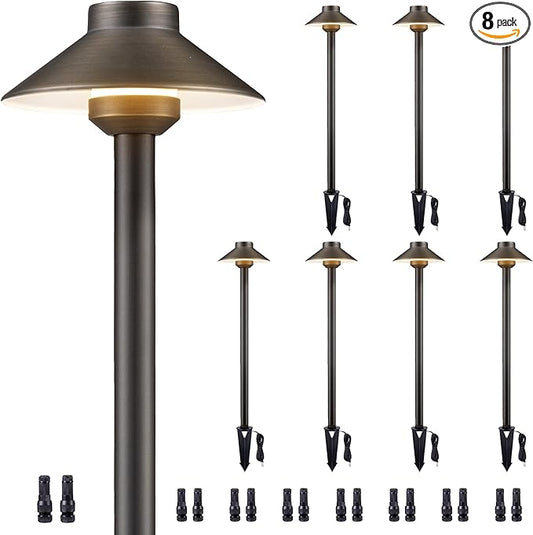 Brass Low Voltage Path Lights - 12V Landscaping Pathway Lamp IP65 Waterproof, Wired Walkway Lighting Outdoor, LED Mushroom-top Bronze for Lawn Backyard Garden G4 Bulb Not Included (8 Pack)
