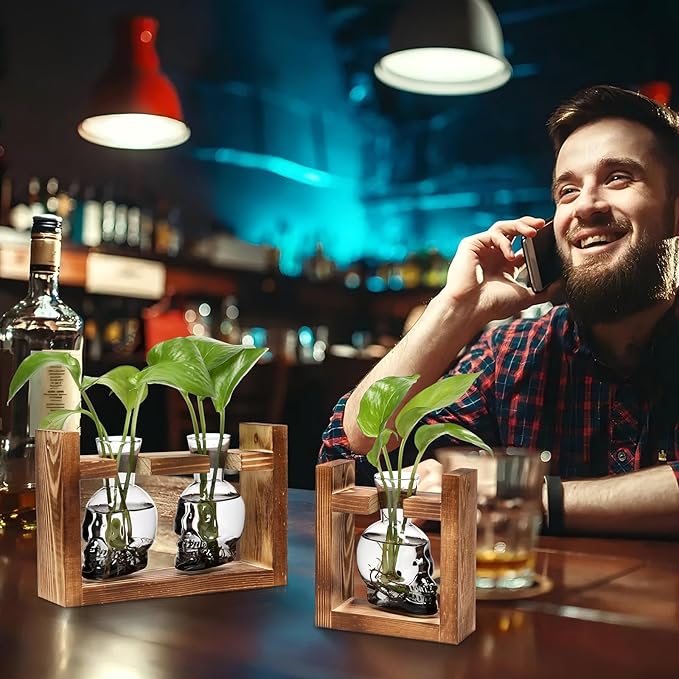 2+1 Plant Terrarium Plant Propagation Station Gifts for Father Halloween Skull Home Office Decor with Wooden Stand