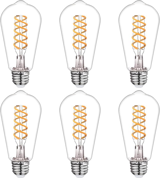 BORT Dimmable Edison Bulbs, 6W Equivalent to 60W Vintage LED Bulbs, E26 2700K ST58/ST19 - Flexible Spiral Filament - Clear Plastic Screw - 6Pack