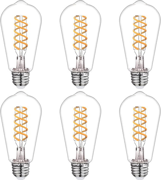 BORT Dimmable Edison Bulbs, 6W Equivalent to 60W Vintage LED Bulbs, E26 2700K ST58/ST19 - Flexible Spiral Filament - Clear Plastic Screw - 6Pack