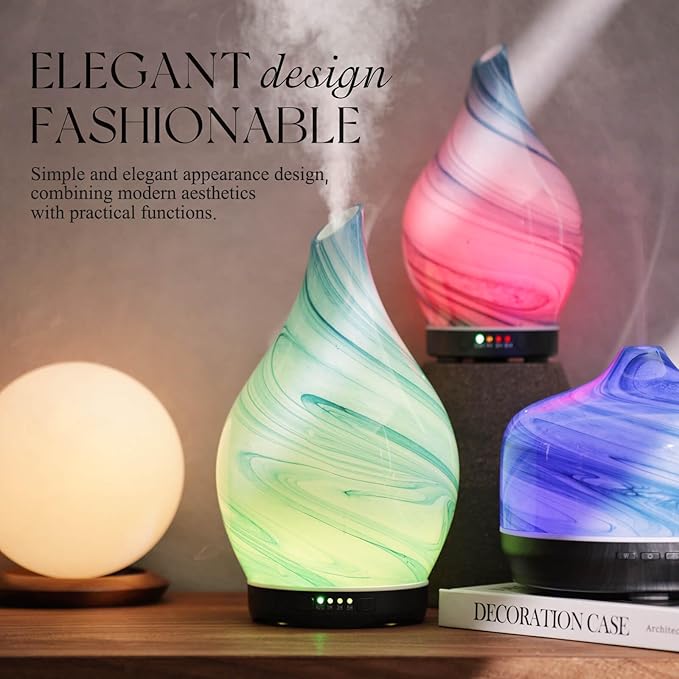 Porseme 280ml Essential Oil Diffuser Glass Color Changing Aroma Air Diffusers Aromatherapy Ultrasonic Cool Mist Humidifier 7 Running Hours Waterless Auto-Off for Sleeping, Yoga, Office, Spa (Blue Ink)