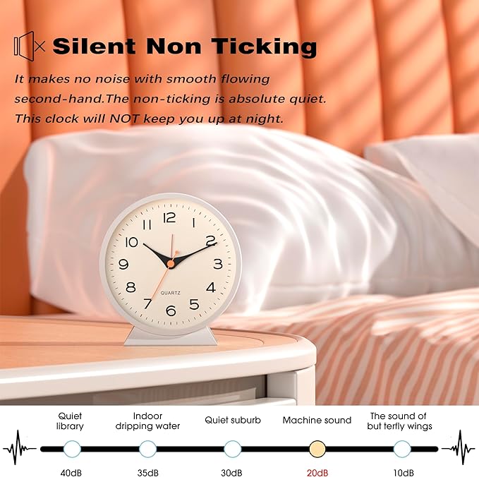 AYRELY® 4.5" Analog Alarm Clock,Small Retro Desk Clock Battery Operated,Slient Metal Table Clock with Light for Living Room Decor,Bedroom,Bedside,Shelf (White)