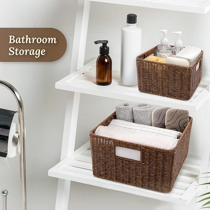 Baskets with Handles, Wicker Storage, Shelf Boxes for Organizing, Decorative Resin, Set of 3, Toffee